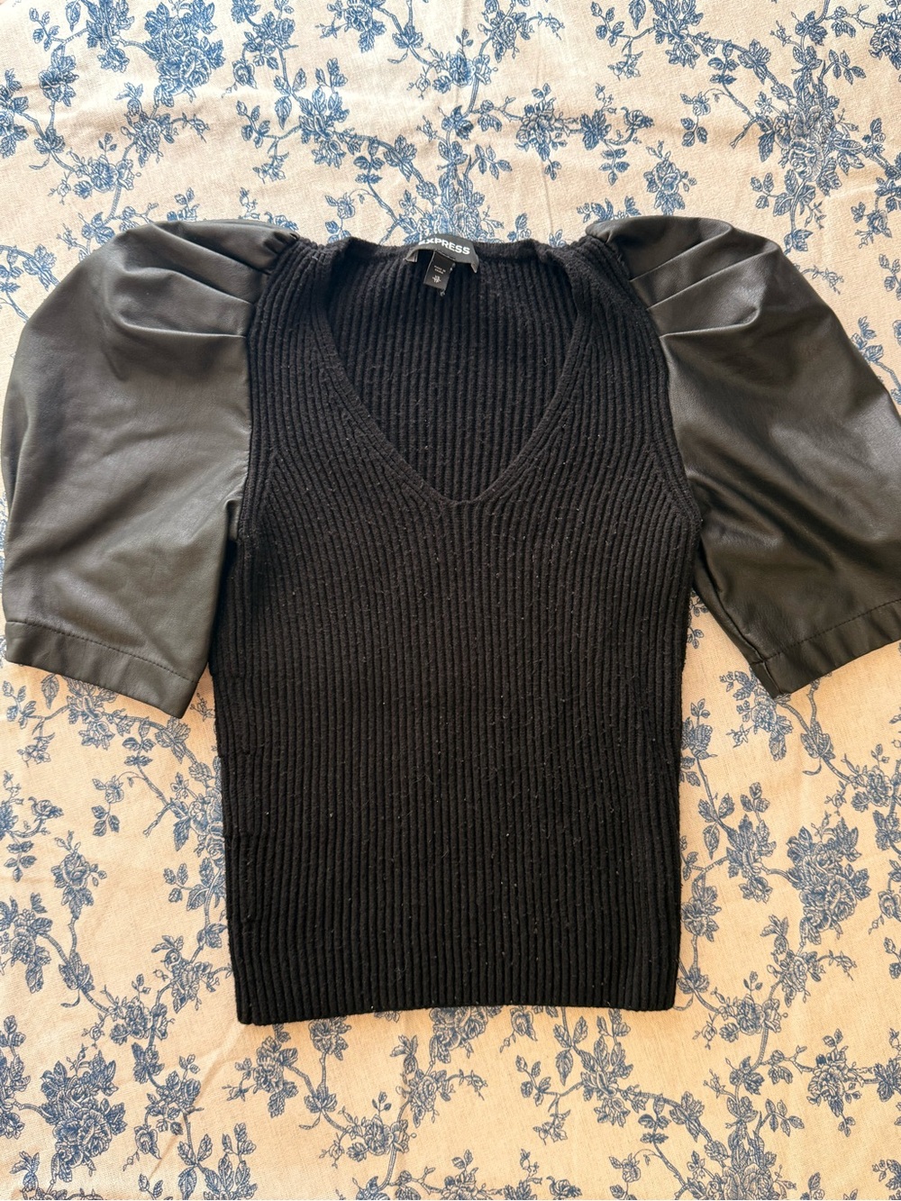 Express Black V-Neck Ribbed Sweater with Puff Faux-Leather Sleeves